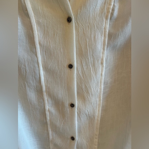 Helmet Lang Sheer Button Front V-Neck Cream Distressed Hem High Low Blouse - Picture 6 of 9